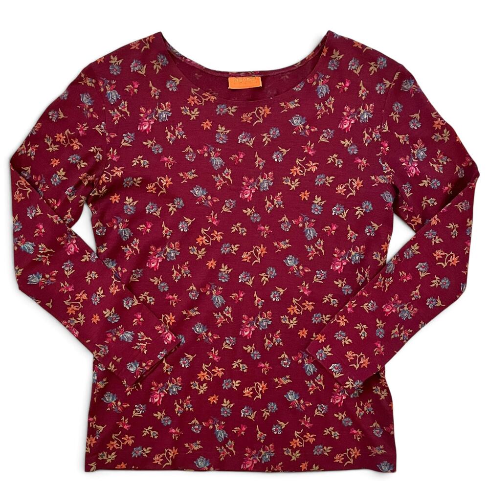 Kenzo Vintage Elka Period Ditzy Floral Print Burgundy Boatneck Wool Top Sz S/M